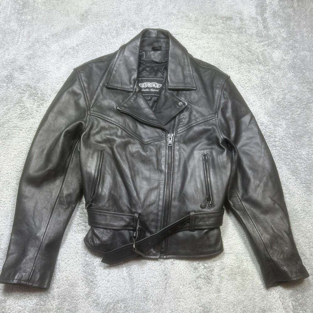 Unik Jacket Women's L Black Biker Leather Motorcycle Zip Cuffs Belted *SPOTS
